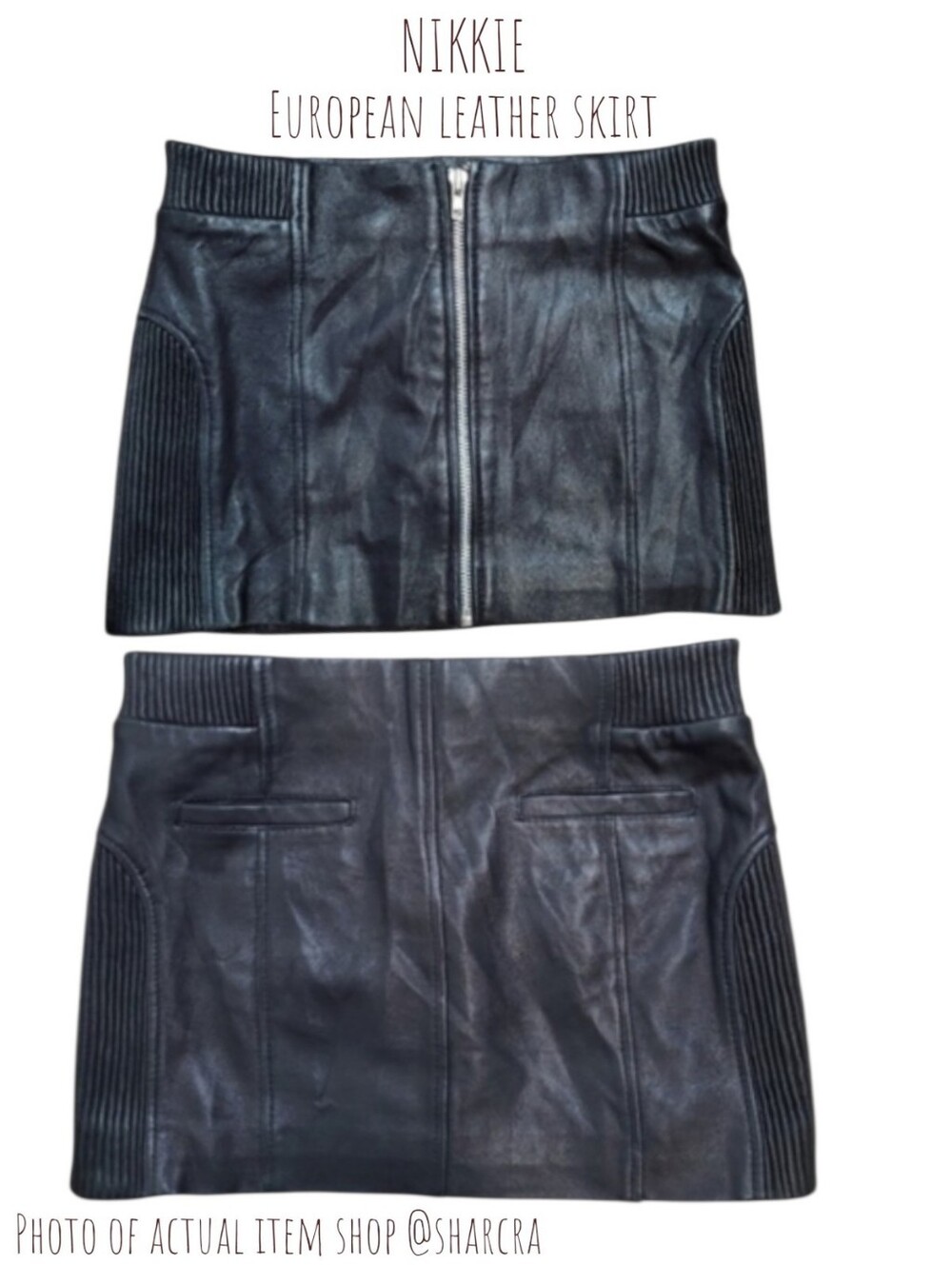 NIKKIE Women's European leather skirt ribbed black mini moto Biker front zip S